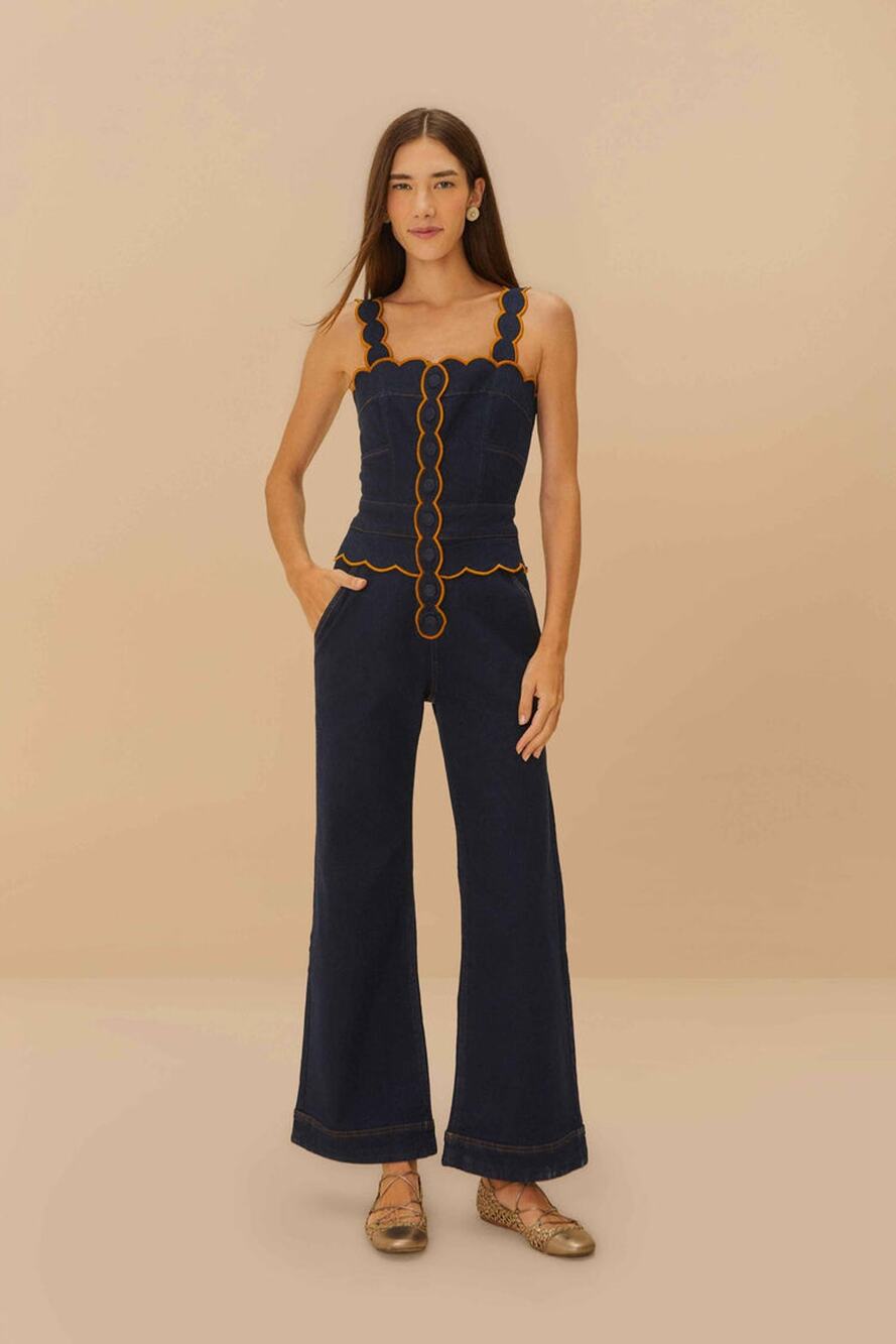 NWT FARM Rio Denim Cloud Scalloped Cutout Flare Jumpsuit Blue Dark Blue Womens L - Picture 1 of 10